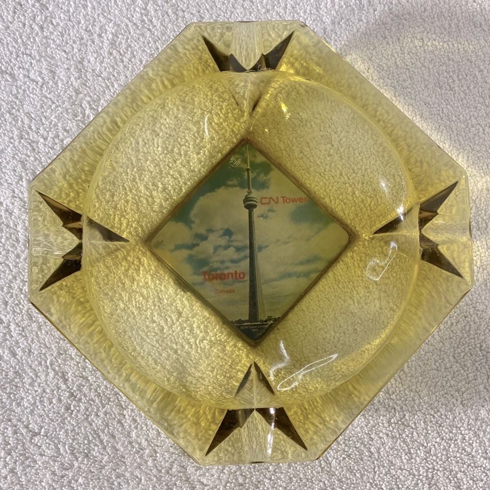Vintage Yellow Amber Glass CN Tower Toronto Canada Ashtray Trinket Dish